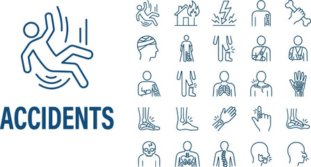 Accident injury icons set illustrating medical emergencies, fractures, sprains, burns, slips, falls, trauma symptoms, healthcare risks and safety awareness concepts