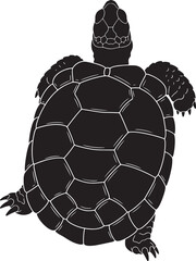 Black turtle silhouette top view, detailed shell pattern and head scales, perfect for aquatic wildlife themes.