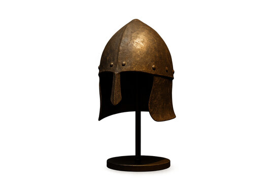 Medieval spangenhelm helmet on display, a piece of ancient warrior armor from historical times, showing battle protection