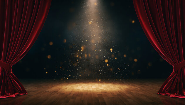 Theatrical stage with red curtains and golden bokeh lights on wooden floor - Powered by Adobe