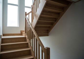 Fototapeta premium Elegant wooden staircase design with natural light and modern simplicity