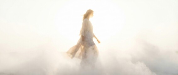 Caucasian woman walking through ethereal cloud and mist. Dreamlike fantasy scene evoking journey and spiritual path to 2026 color of the year. Banner with copy space