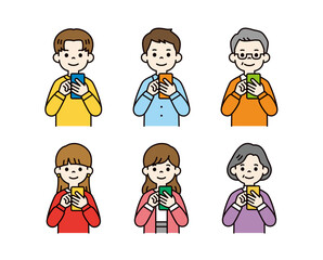スマートフォンを操作する、様々な年齢の男性と女性の上半身ベクターイラスト素材セット_カラー