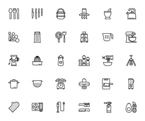 Kitchen_9404 icon set. Minimal vector icons pack. Inludes cutlery, knives, bleder, stove, frying pan, ketle, mixer, grater, openerand more. Editable stroke.