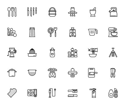 Kitchen_9404 icon set. Minimal vector icons pack. Inludes cutlery, knives, bleder, stove, frying pan, ketle, mixer, grater, openerand more. Editable stroke.