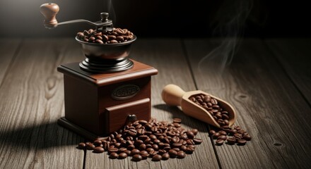 Vintage coffee grinder with roasted coffee beans retro