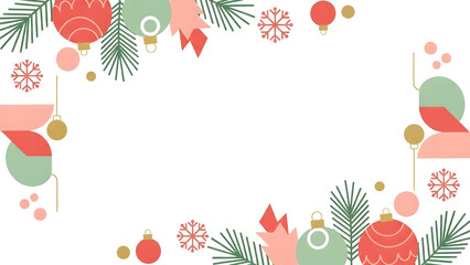 Modern Christmas Frame with Ornaments, Pine Branches, and Geometric Shapes