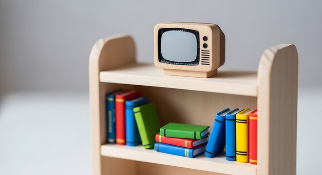 Miniature toy bookshelf displaying a vintage tv and colorful books