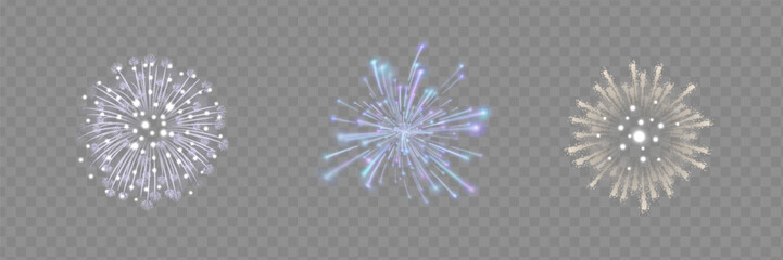Multicolored Fireworks on Transparent Background. Festive Holiday Fireworks, Night Sky Celebration, Vector Illustration