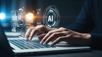 Hands typing on a laptop surrounded by glowing screens displaying futuristic data analytics and graphical user interface elements - Powered by Adobe