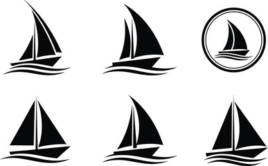 Set of Sailboat and Yacht Icons with Waves, Representing Marine Travel, Sea Adventure, Luxury Transport, Nautical Sport, Sailing Race, and Maritime Vector Logos
