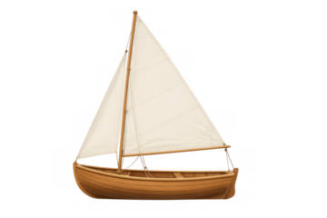 Wooden sailboat with white sails on transparent background, sailing journey, adventure, leisure travel, old vessel, marine transport