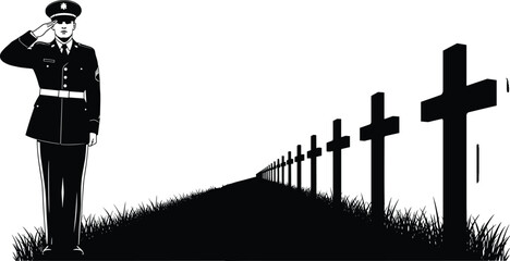 Silhouette of a Soldier Saluting a Row of Military Crosses, Representing Veterans Day, Memorial, Patriotism, Honor, Sacrifice, and Remembrance Vector Graphic