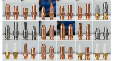 Selection of different welding tips, nozzles for mig welding, machine part
