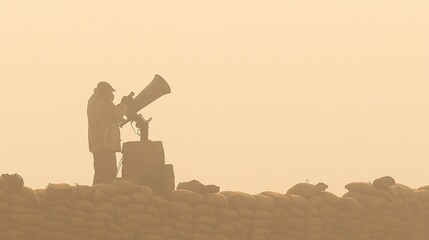 Lookout Tower. The solitary silhouette of the lookout tower in the morning mist, a telescope mounted atop its peak. Ideal for real estate advertising and architectural portfolios, specifically designe