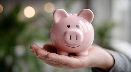 A hand holding a cheerful pink piggy bank symbolizing savings and financial security indoors in a well-lit environment
