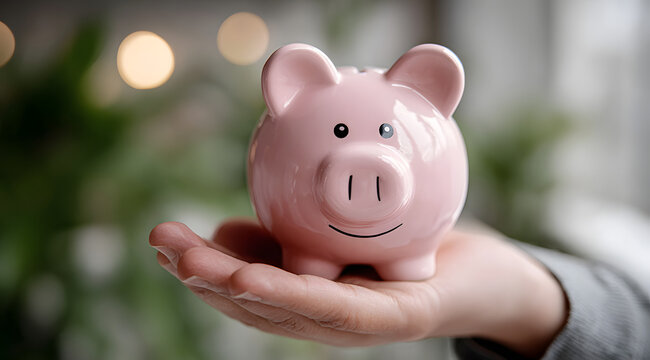 A hand holding a cheerful pink piggy bank symbolizing savings and financial security indoors in a well-lit environment - Powered by Adobe