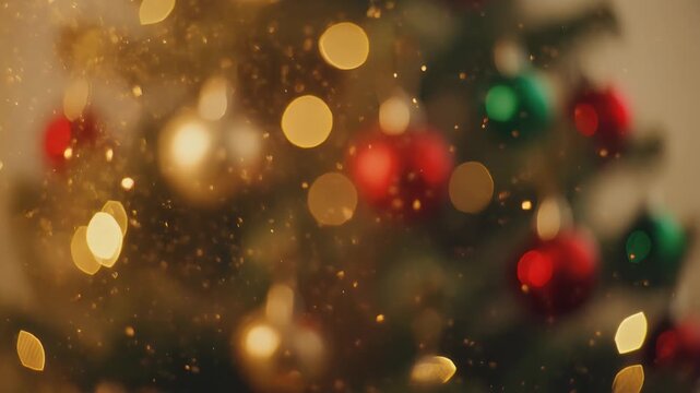 Sparkling Christmas tree ornaments and lights create a warm, festive atmosphere for holiday celebrations and joyful family memories