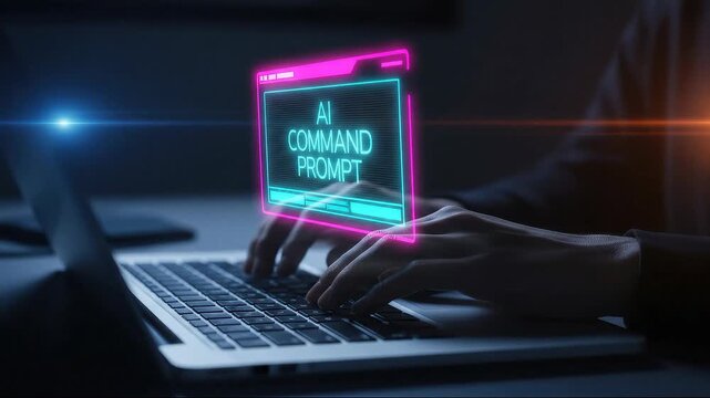 Hands typing on a laptop keyboard interacting with a glowing neon holographic display showing an artificial intelligence command prompt interface