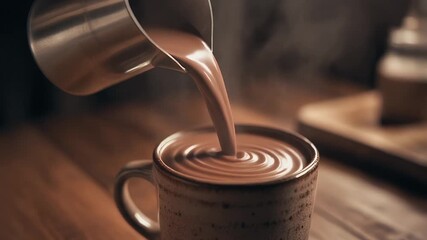 Indulge in creamy hot chocolate perfection as it pours into a rustic mug, steaming on a wooden table for a cozy, comforting moment - Powered by Adobe