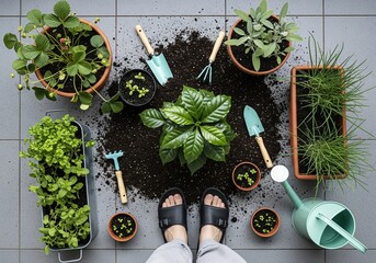 Overhead view of person potting plant with gardening tool and soil spread on gray tile floor