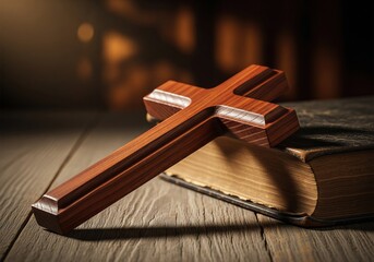 Closeup of a polished wooden christian cross resting on an old, thick book on a rustic wooden table with soft lighting