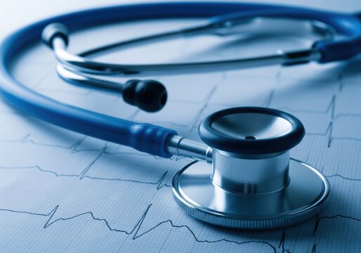 Close up of a blue stethoscope resting on a paper with an electrocardiogram line tracing