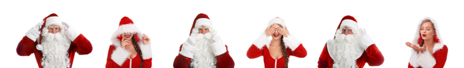 Man and woman in Santa costumes on white background. Merry Christmas and Happy winter holidays
