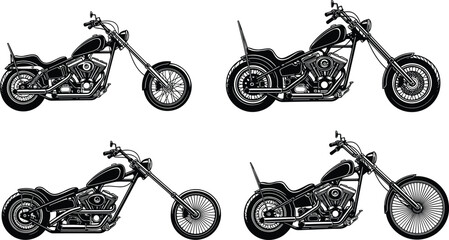 Set of four black vector illustrations of detailed custom chopper motorcycles with exposed engines, long forks, and high handlebars, symbolizing freedom and the open road. © Shoentesh
