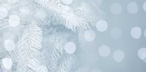 Christmas greeting card with fir tree branches and bokeh lights. Banner design