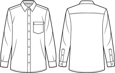 Front and back view of a long sleeve button up shirt with pocket and collar collared
