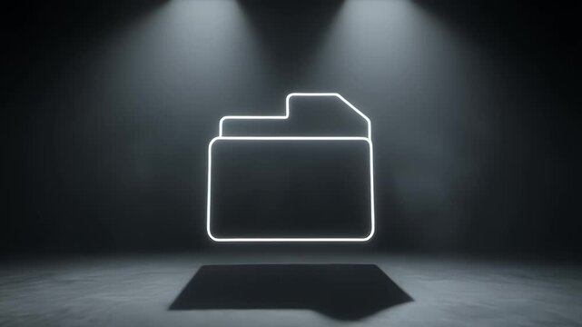 A glowing white outline of a digital folder icon illuminated by spotlights in a dark, minimalist studio setting, symbolizing data organization.