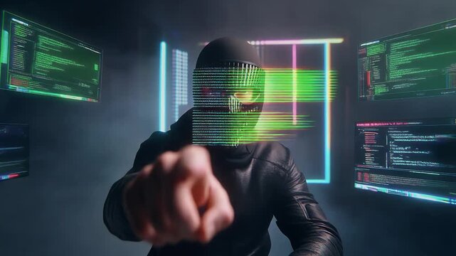 Intense hacker swiftly coding at night, protected with mask, ready to exploit vulnerabilities for digital security penetration, cybercrime danger
