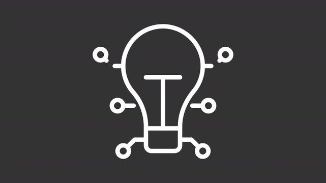 AI ideas and innovations ui icon white line animation. Light bulb connected to circ uit board. Digital system integration animated user interface element on dark background. Transparent HD video
