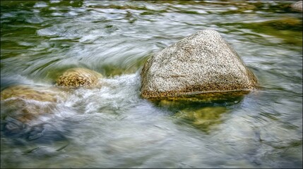 pebble. Large river stone lodged in a fast-flowing stream with water parting around it. travel magazines, destination branding, designed for outdoor magazines and nature guides.
