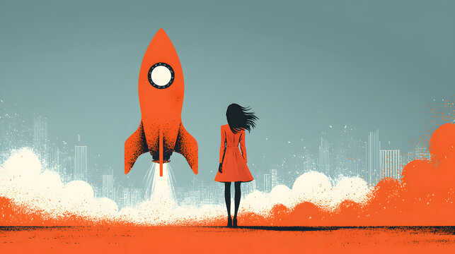 Startup Launch and Growth - A businesswoman activates a rocket icon to symbolize the launch of a new startup, rapid business growth and technological innovation