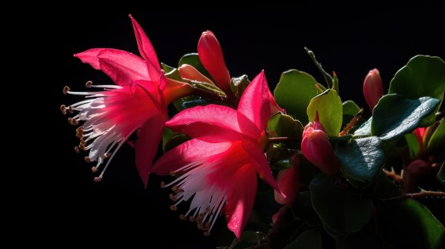 Vibrant pink Christmas cactus flowers blooming against a solid black background.