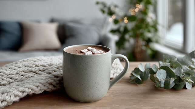 Cozy green mug filled with hot chocolate topped with marshmallows sits on a wooden table beside a knitted blanket and fresh eucalyptus, creating a warm atmosphere - Powered by Adobe