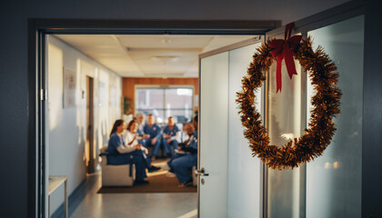 A Wreath on the Door. A photorealistic cinematic shot from the perspective of a hospital corridor. The camera is looking through the open doorway of the staff break room.

