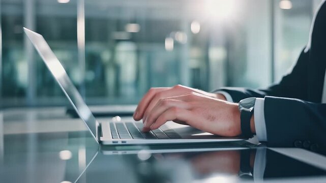 Typing on laptop in bright modern office space for focused work and innovation on business projects and productivity, capturing technology and success