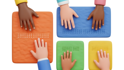 Colorful hands reading braille on textured boards, inclusive education and accessibility, perfect for learning materials
