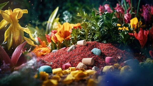 Vibrant floral arrangement with colorful powder and scattered stones, a whimsical scene.