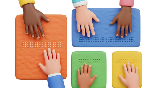 Colorful hands reading braille on textured boards, inclusive education and accessibility, perfect for learning materials