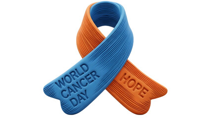Blue and orange awareness ribbon with inscriptions World Cancer Day and Hope, symbolizing cancer support and solidarity, perfect for health campaigns