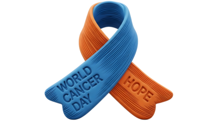 Blue and orange awareness ribbon with inscriptions World Cancer Day and Hope, symbolizing cancer support and solidarity, perfect for health campaigns