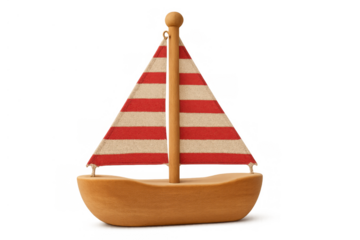 Wooden toy sailboat with red and white striped sail, a classic children's plaything for imaginative summer adventures