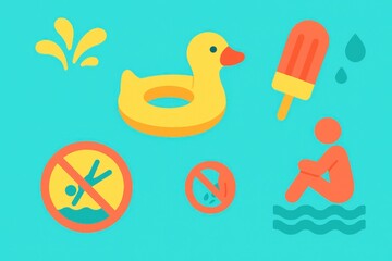 Playful summer elements featuring colorful ice pops, buoyant yellow rubber duck, and swimming safety signs creating a vibrant aquatic atmosphere for family leisure and playful adventures