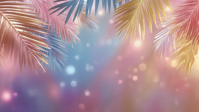 Dreamy tropical vibes with soft bokeh and pastel palm fronds swaying gently, perfect for summer promotions or dreamy backgrounds