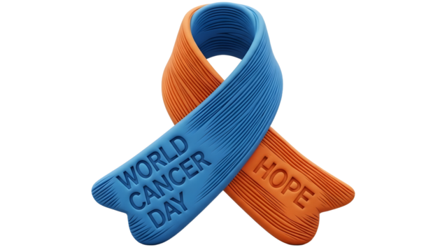 Blue and orange awareness ribbon with inscriptions World Cancer Day and Hope, symbolizing cancer support and solidarity, perfect for health campaigns