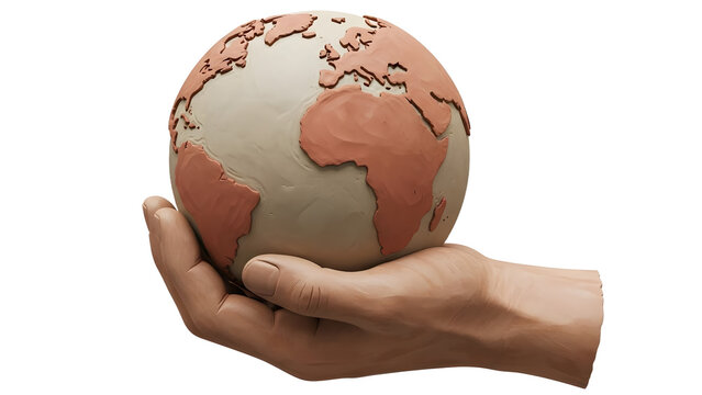 Hand holding a small clay globe showing continents with an earthy texture isolated on white, symbolizing environment and global responsibility